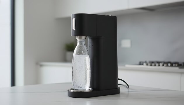 Modern black soda machine with carbonator making sparkling water on a kitchen counter for healthy eco-friendly hydration concept