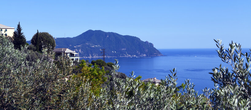Panoramic view of the Golfo Paradiso taken from Pieve Ligure in the distance stands the promontory of Portofino a well-known landmark in the Liguria region of Italy