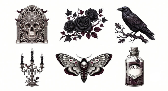 Gothic Halloween Engraving Set with Skull Black Roses Raven and Death Moth
