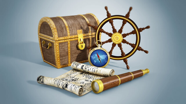 Nautical objects (treasure chest, map, looking glass, wheel and compass). 3D illustration