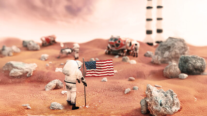 Fictitious scene including vehicles and astronauts depicts manned Mars mission. 3D illustration © Destina