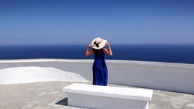 A beautiful woman in a blue dress enjoys the elevated summer view over the Aegean Sea from the town at Folegandros Island, Cyclades, Greece