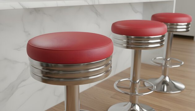Three retro red leather soda fountain bar stools standing in a row at a marble counter for modern vintage interior design concept