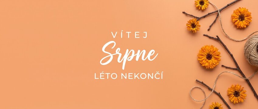 Orange Flower Flat Lay Background with Czech text Vitej Srpne Leto Nekonci welcoming August late summer season with dry tree branches twine rope top view composition for marketing banner design copy s