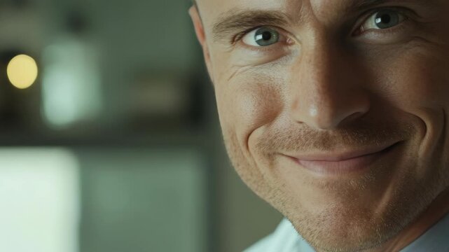 Close-up of a man smiling gently towards the camera.