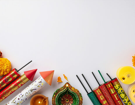 Diwali Firecrackers and Diyas Flatlay With Marigold Flowers, Candles and Festive Decorations