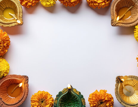 Diwali Diyas And Marigold Flowers Border With Lit Oil Lamps On White Background For Festival