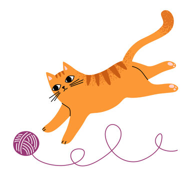 Cute funny orange cat playing with yarn. Happy active pet icon or logo design element,