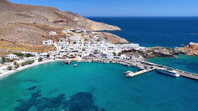Panoramic aerial view of the port Karavostasis, main port and marina at the island of Folegandros, Cyclades, Greece