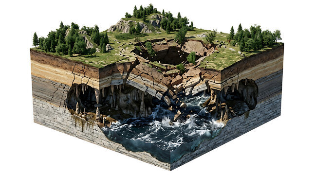 Detailed cross section of earth showing a karst sinkhole and underground river isolated