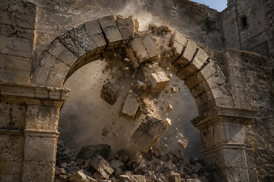Ancient Stone Arch Collapsing Under Gravity with Falling Masonry Blocks