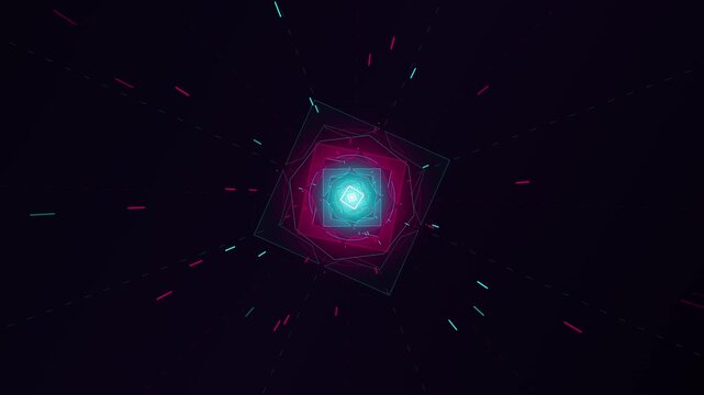 Abstract futuristic neon geometric tunnel zooming through glowing cyan magenta portal background