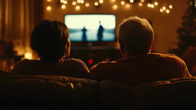 A man and woman sitting together in a cozy living room, watching television with lights on strings glowing behind them, creating a warm, festive atmosphere.