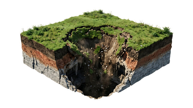 A 3D isometric cutaway of the earth showing soil layers and a massive sinkhole isolated