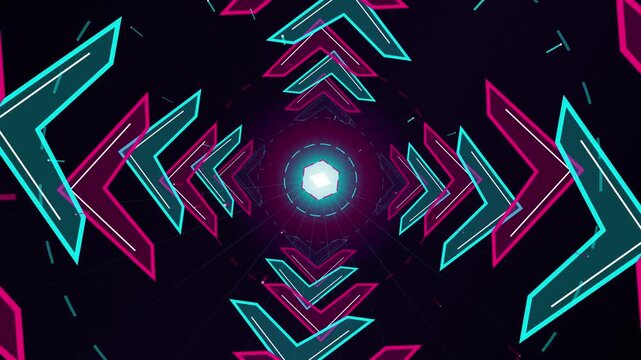 Abstract neon arrow tunnel loop with cyan and pink glowing lights
