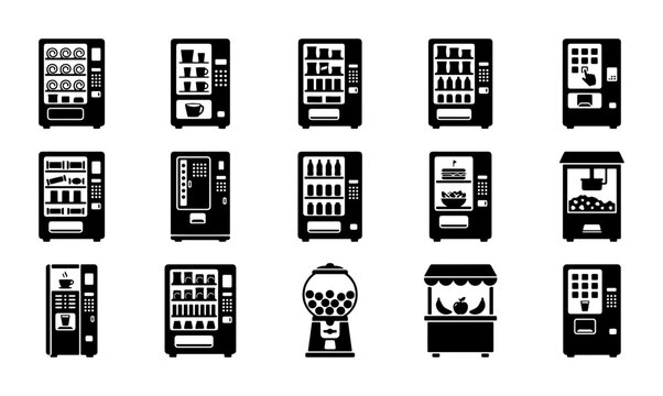 Vending machine icon set with 15 black silhouettes, automated snack and drink dispensers, coffee and food retail equipment vector collection