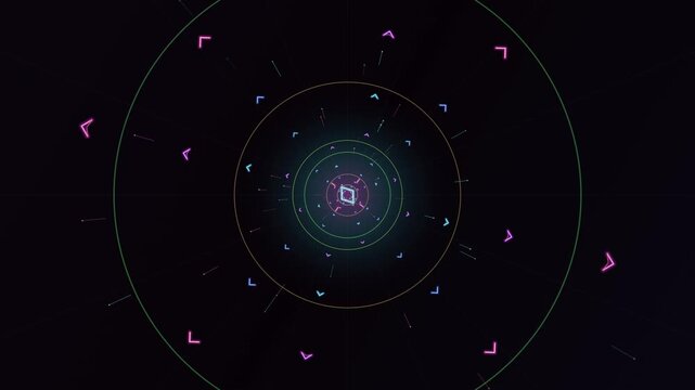 Abstract neon sci-fi tunnel loop with glowing digital HUD arrows and concentric circles.