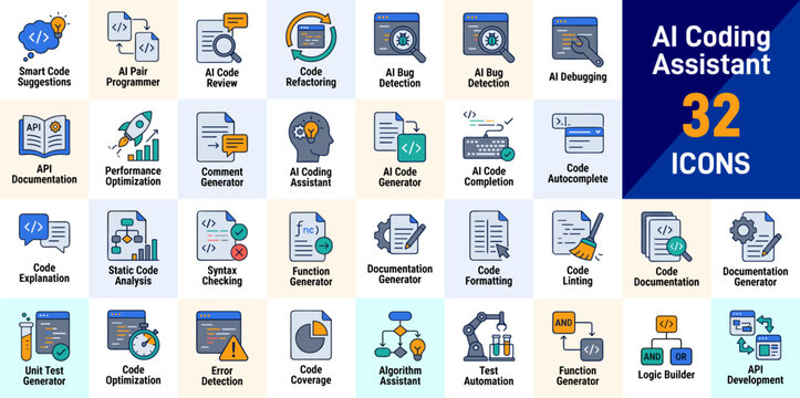AI Coding Assistant Icons Set Code Review, Debugging, Documentation and Developer Icons