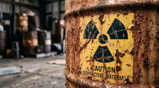 Rusty metal barrel with a radioactive warning sign in an abandoned industrial facility. Hazardous waste container representing environmental contamination and nuclear energy danger.