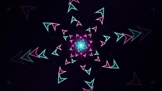 Futuristic neon chevron arrow tunnel flying through dark digital space