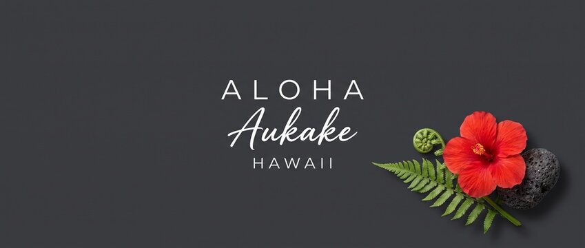 Aloha Hawaii August tropical background featuring red hibiscus flower green fern leaf and lava rock on dark gray minimal surface copy space for Hawaiian summer greeting card banner design.