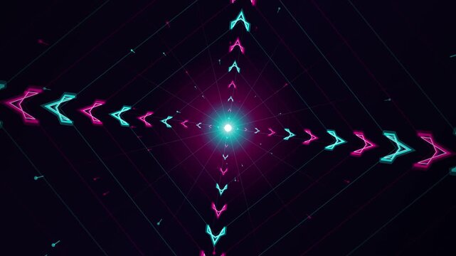 Futuristic neon chevron tunnel zooming toward a glowing central light