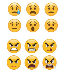 Naklejka premium Sad, Worried and Angry Emoji Faces Icons Set Collection with Emotional Cartoon Expressions Vector Illustration
