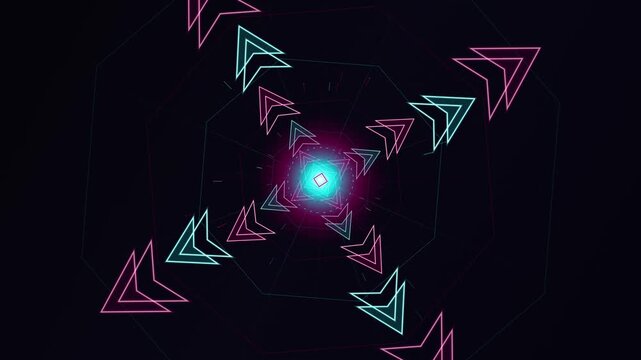 Glowing neon arrows creating a futuristic geometric tunnel animation in digital space