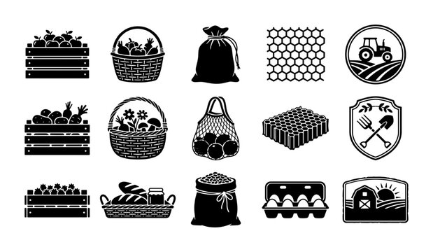 Black farm icons set, organic agriculture symbols and local market produce vectors, rustic harvest elements for farming logo design