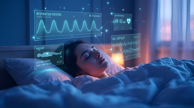 Young woman using a futuristic health monitoring device in bed. Female patient tracking vital signs with digital health tech. Generative AI