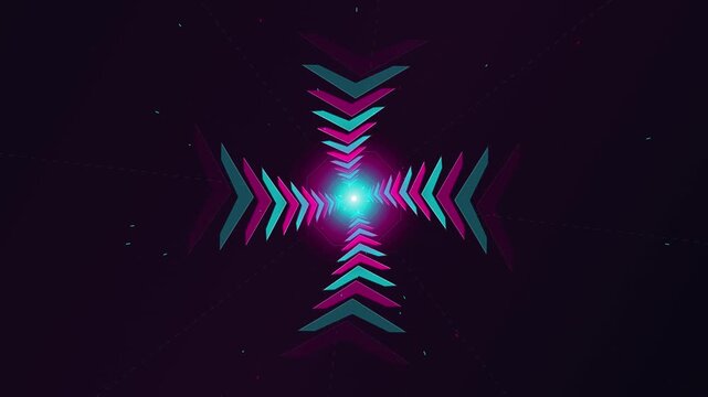 Neon chevron arrows forming futuristic tunnel with glowing center light motion