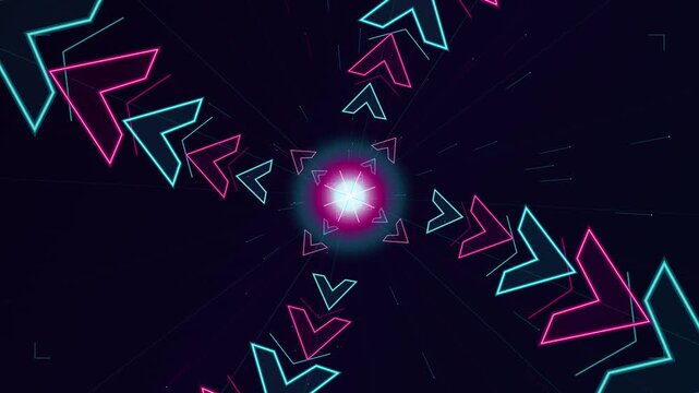 Neon arrow tunnel moving toward a bright center light in retro futuristic space