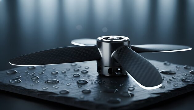Modern high performance carbon fiber underwater drone propeller motor component resting on a wet dark slate surface for subsea robotics and marine engineering concept