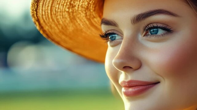 Closeup of a woman with striking blue eyes wearing an orange floppy hat. She is gazing to the side with a subtle smile on her face, creating a relaxed and pleasant mood.