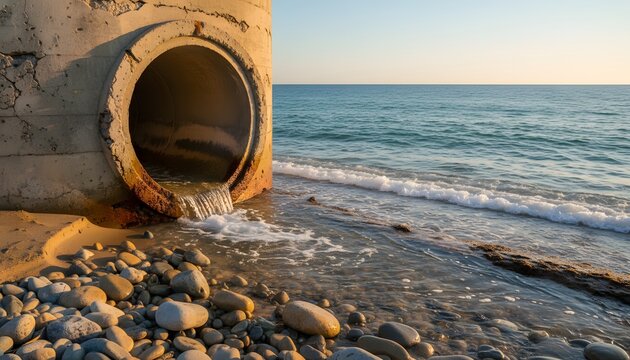 Large concrete storm drain ocean outfall discharging dirty runoff water directly into the clear sea on a sunny beach for environmental pollution concept