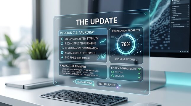 Futuristic Digital Software Update Interface on Transparent Screen.