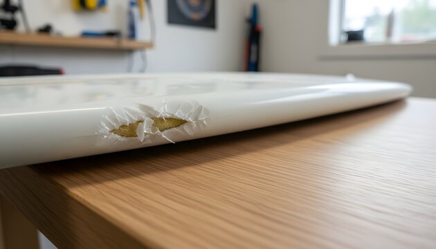 Close up of a damaged white surfboard rail with crack resting on a wooden workbench in a workshop, needing surfboard repair ding concept for equipment maintenance