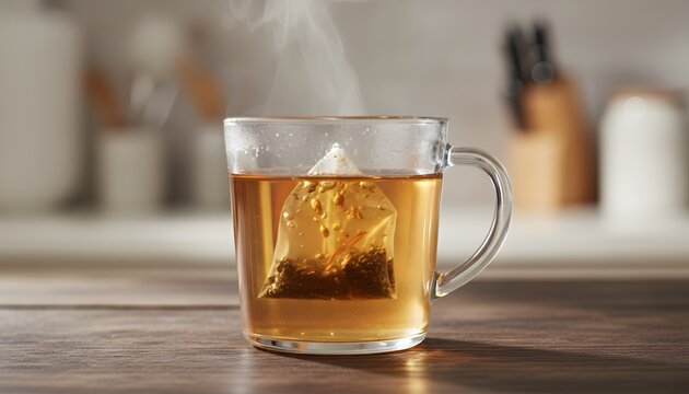 Fresh herbal tea bag steeping in a clear glass mug on wooden kitchen table for healthy lifestyle, wellness concept, warm beverage and cozy morning routine with steam