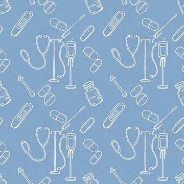 Medical seamless pattern on light blue
