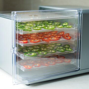 Fresh tomatoes and green herbs in refrigerator drawer.