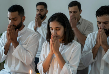 Fototapeta premium Diverse group of people in white clothing praying with hands clasped and eyes closed during a spiritual ceremony