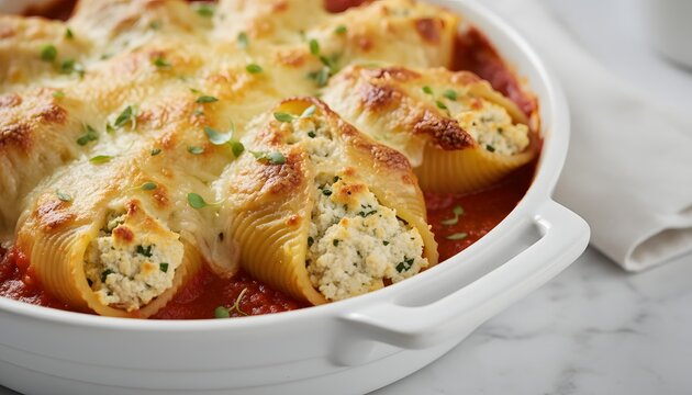 Delicious baked tofu ricotta stuffed shells pasta with tomato marinara sauce and melted cheese served hot in a white casserole dish for a healthy vegan dinner meal concept