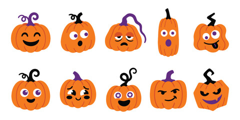 Fototapeta premium Set of cute cartoon halloween pumpkins with various funny facial expressions isolated on a white background