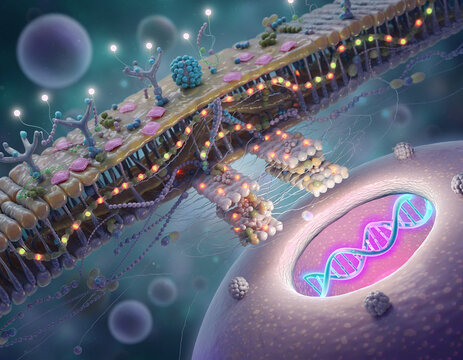 Scientific visualization showing germline somatic mutation interaction and the impact of carcinogen dna damage susceptibility on cellular structures