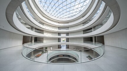Fototapeta premium Atrium building features a glass domed ceiling and multiple curved levels within a modern architectural structure.