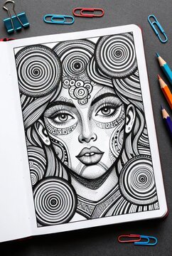 Zentangle portrait of woman with geometric patterns
