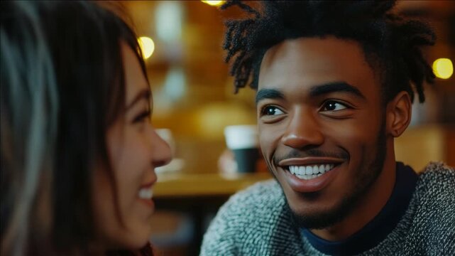 A joyful interaction between two individuals in a warm setting