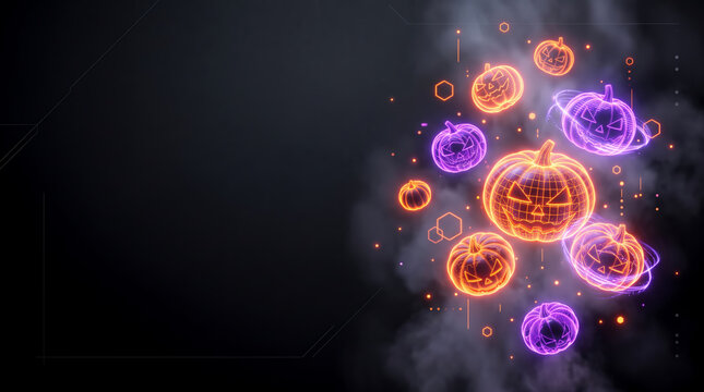 Brightly colored halloween pumpkins emitting neon glow surrounded by mysterious smoke effects