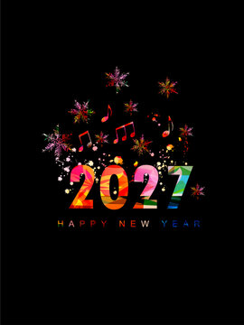 Happy New Year 2027 with music notes on black background