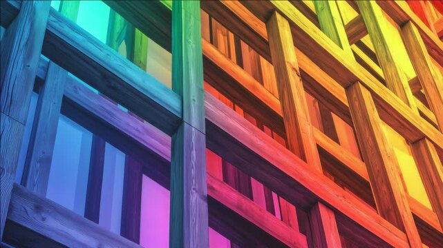 A captivating view of a wooden building with vibrant colors illuminating the walls, featuring an array of hues that make this structure truly unique and eye-catching.